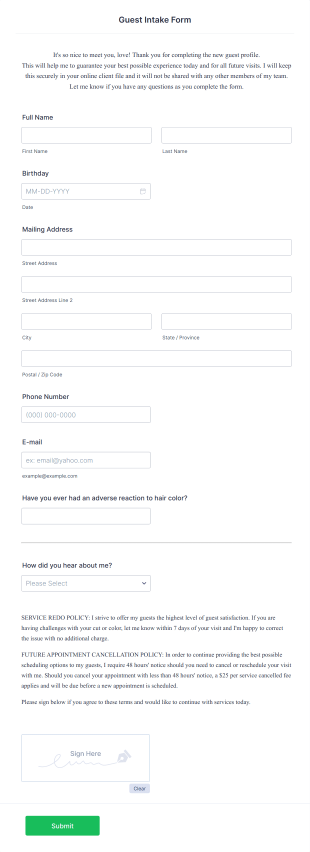 Guest Intake Form Template