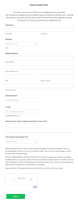 Guest Intake Form Template