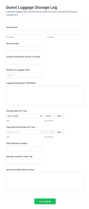 Guest Luggage Storage Log Form Template