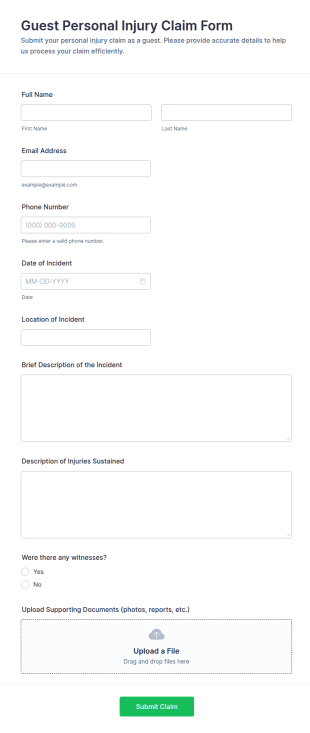 Guest Personal Injury Claim Form Template