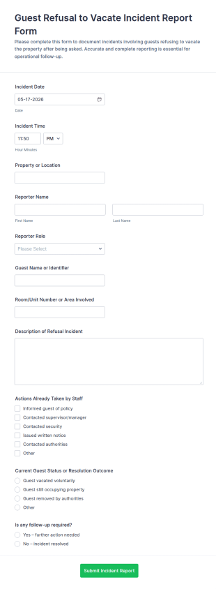 Guest Refusal To Vacate Incident Report Form Template