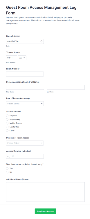 Guest Room Access Management Log Form Template