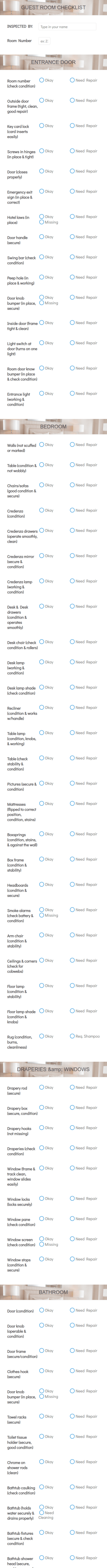 Guest Room CheckList Form Template