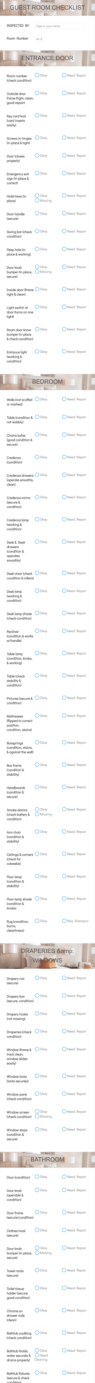 Guest Room CheckList Form Template