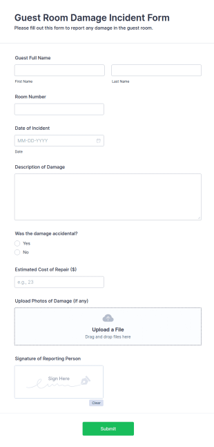 Guest Room Damage Incident Form Template