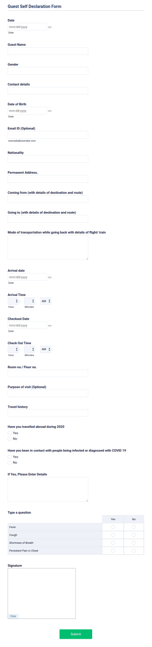 Guest Self Declaration Form COVID 19