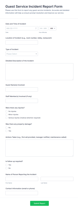 Guest Service Incident Report Form Template