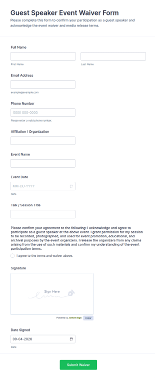 Guest Speaker Event Waiver Form Template