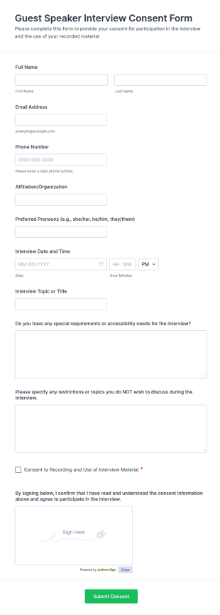 Guest Speaker Interview Consent Form Template