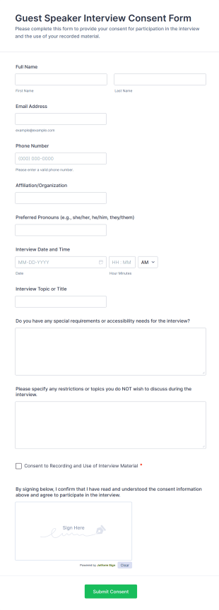 Guest Speaker Interview Consent Form Template