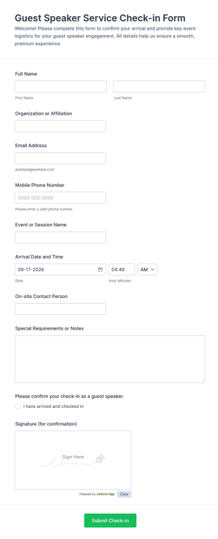 Guest Speaker Service Check In Form Template