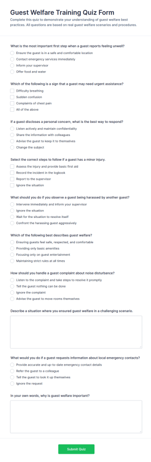 Guest Welfare Training Quiz Form Template