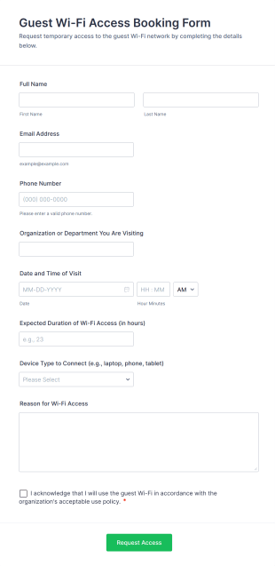 Guest Wi Fi Access Booking Form Template