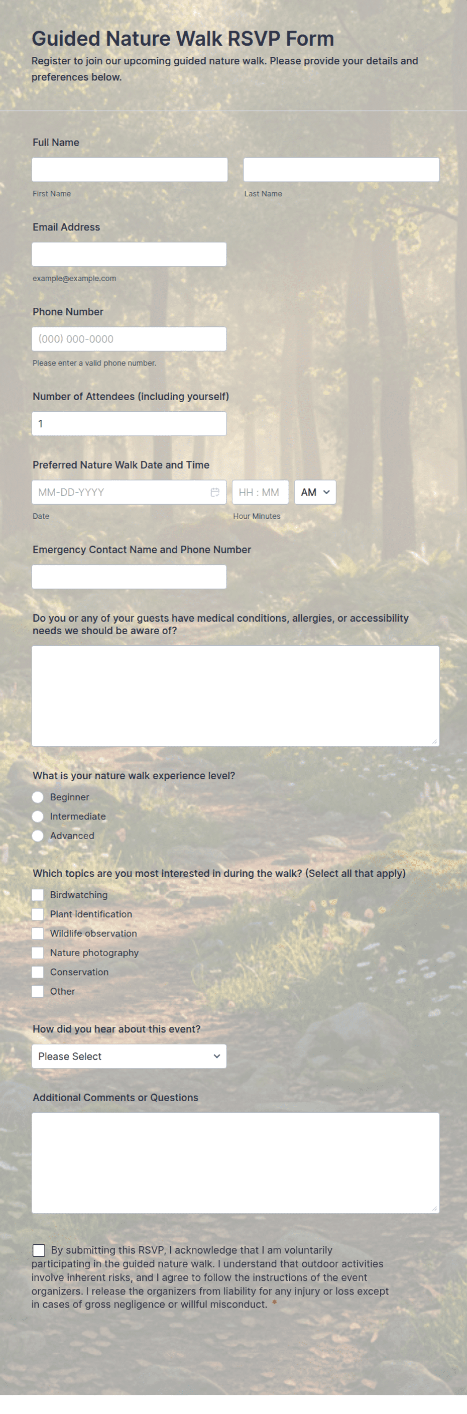 Snake Tour Form Guided Nature Walk RSVP Form Template | Jotform