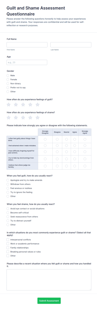 Guilt And Shame Assessment Questionnaire Form Template