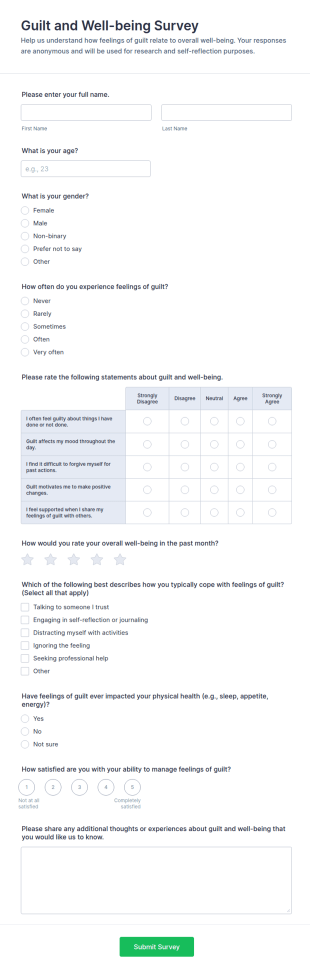 Guilt And Well Being Survey Form Template