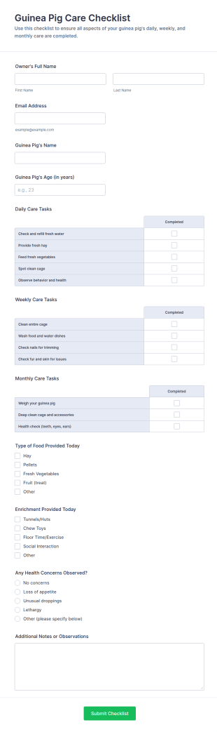 Guinea Pig Care Checklist Form Template
