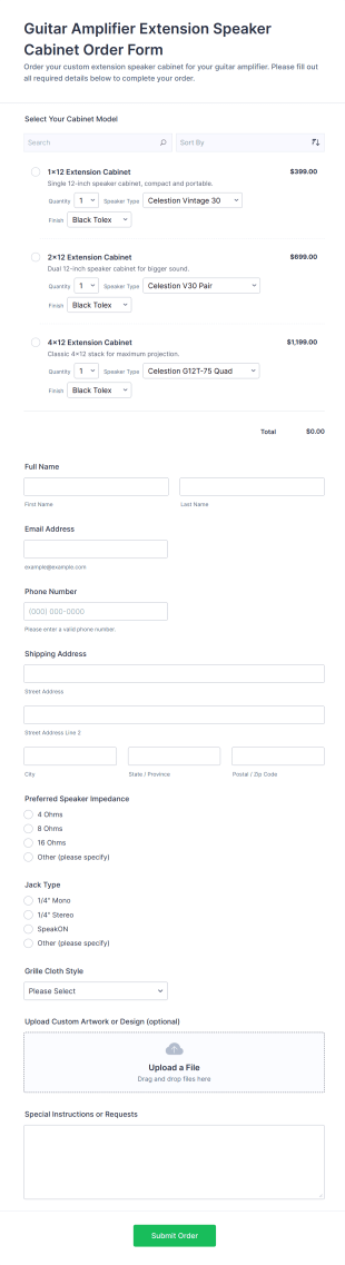 Guitar Amplifier Extension Speaker Cabinet Order Form Template