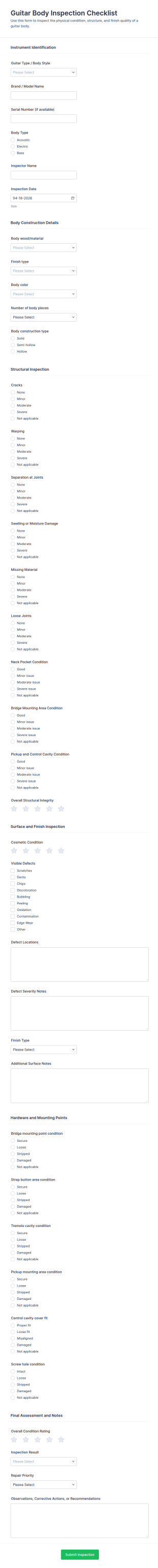 Guitar Body Inspection Checklist Form Template