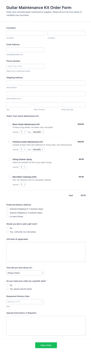 Guitar Maintenance Kit Order Form Template