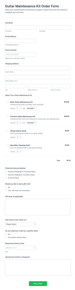 Guitar Maintenance Kit Order Form Template