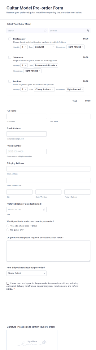 Guitar Model Pre Order Form Template