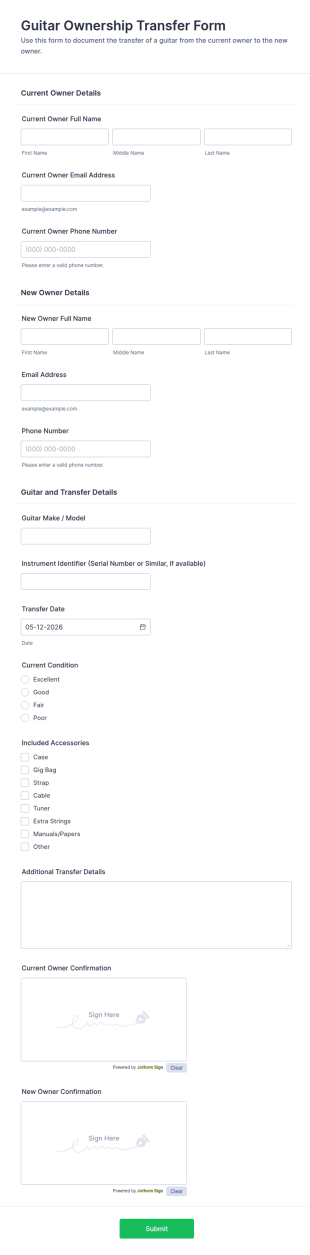 Guitar Ownership Transfer Form Template