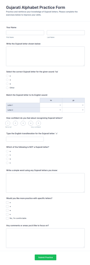 Gujarati Alphabet Practice Form Template