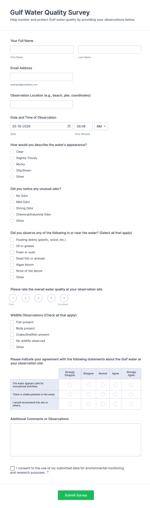 Gulf Water Quality Survey Form Template