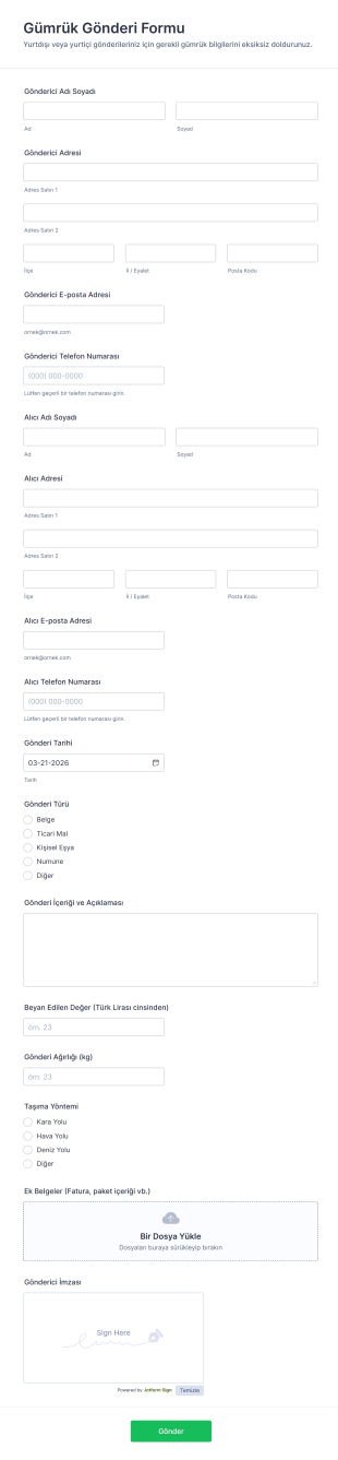 Gümrük Gönderi Form Şablonu
