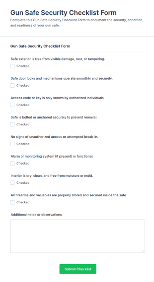 Gun Safe Security Checklist Form Template