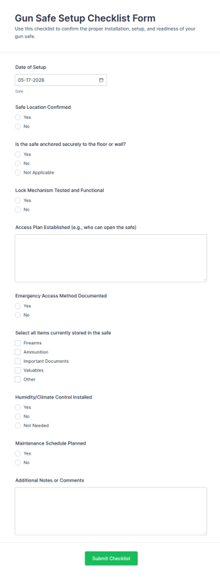 Gun Safe Setup Checklist Form Template