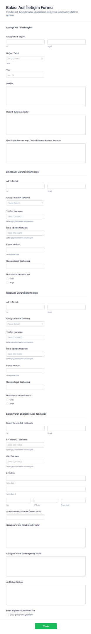 Güncel Bakıcı Acil Durum İletişim Form Şablonu
