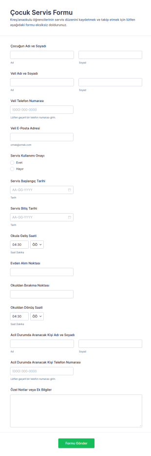 Gündüz Bakım Merkezi Taşıma Formu 🚸 Form Şablonu