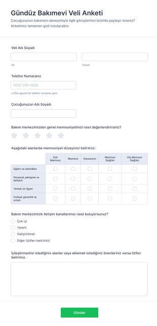 Gündüz Bakımevi Veli Anketi Form Şablonu