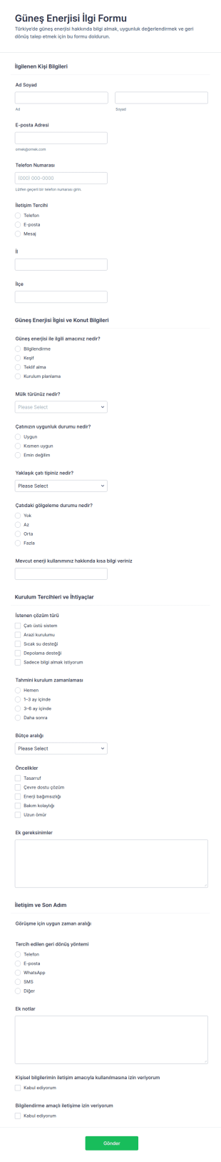 Güneş Enerjisi İlgi Form Şablonu