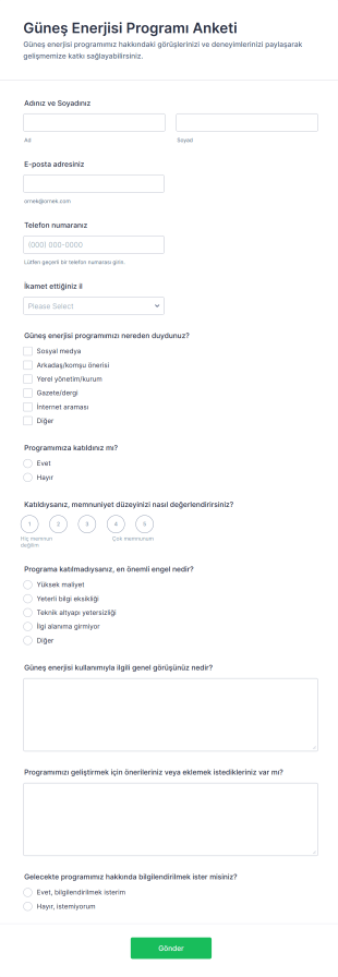 Güneş Enerjisi Programı Anketi Form Şablonu