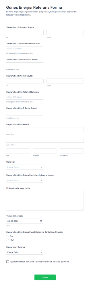 Güneş Enerjisi Referans Form Şablonu