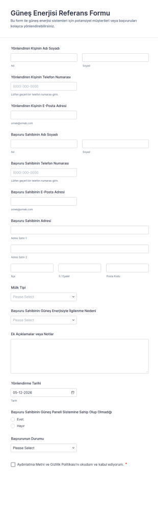 Güneş Enerjisi Referans Form Şablonu