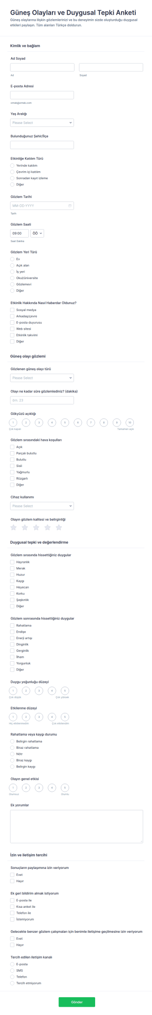 Güneş Olayları Ve Duygusal Tepki Anketi Form Şablonu