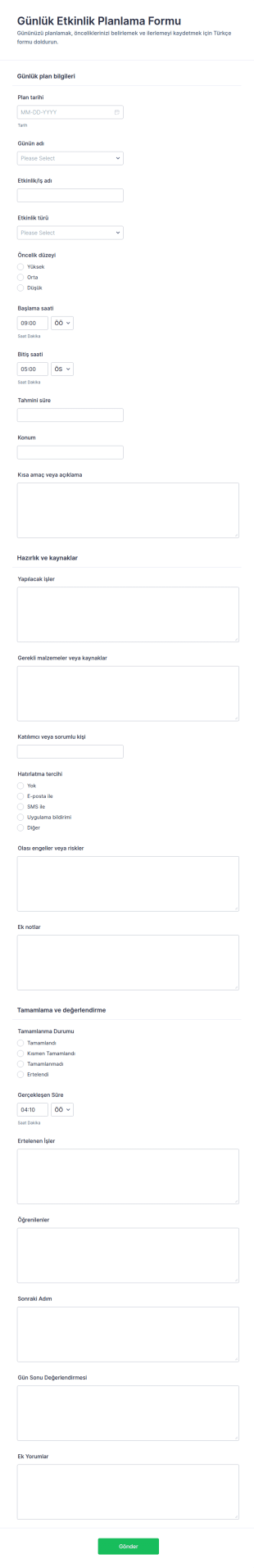 Günlük Aktivite Planlama Form Şablonu