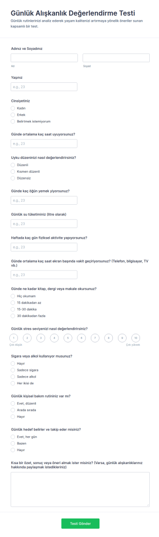 Günlük Alışkanlık Değerlendirme Anketi Form Şablonu