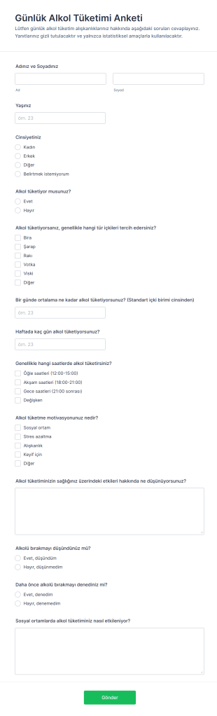 Günlük Alkol Tüketimi Anketi Form Şablonu