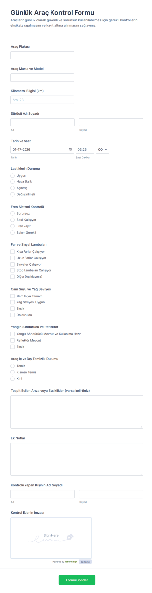 Günlük Araç Kontrol Form Template