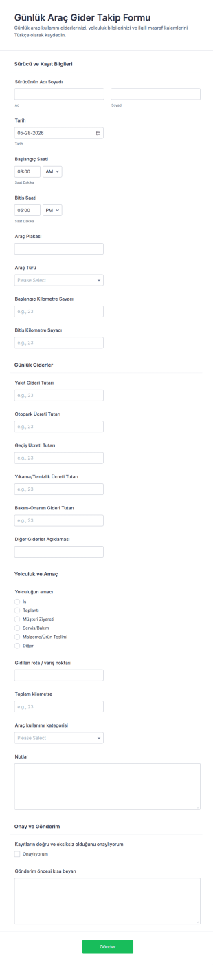 Günlük Araç Masrafları Takip Form Şablonu