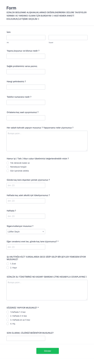 Günlük Beslenme Alışkanlığı Değerlendirme Form Şablonu