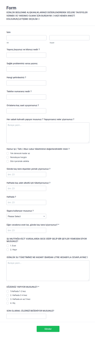 Günlük Beslenme Alışkanlığı Değerlendirme Form Şablonu