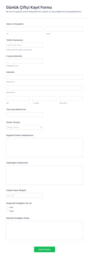 Günlük Çiftçi Kayıt Form Şablonu