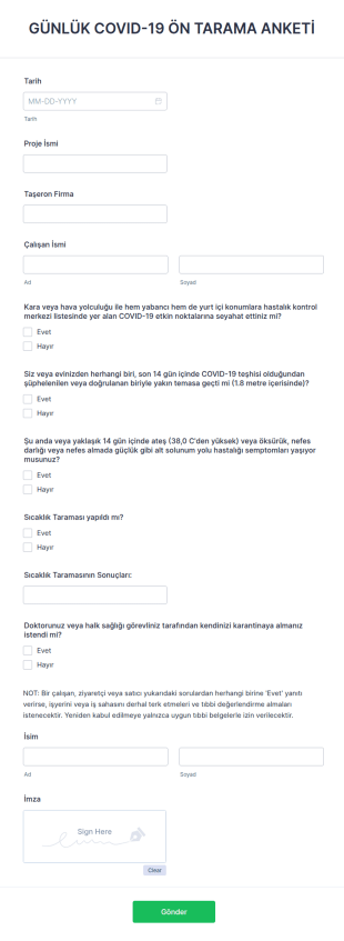 Günlük Covıd 19 Ön Tarama Anketi Form Şablonu