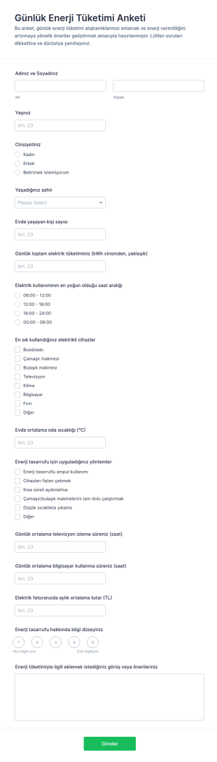 Günlük Enerji Tüketim Anketi Form Şablonu